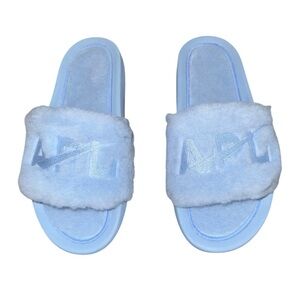 NEW APL Shearling Fur Logo Slides Ice Blue Size 7